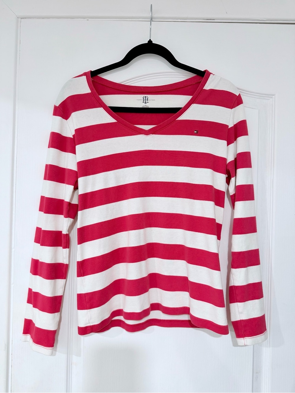 Tommy Hilfiger Pink and White Striped V-Neck Long Sleeve Top